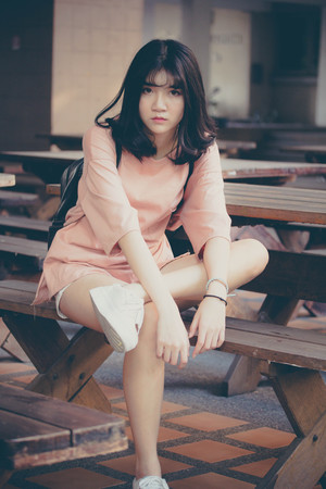 Portrait of vietnam high school teen beautiful girl happy in vintage styleの写真素材