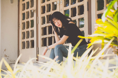 Portrait of vietnam high school teen beautiful girl happy in vintage styleの写真素材