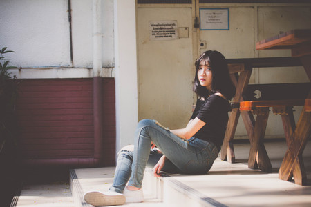 Portrait of vietnam high school teen beautiful girl happy in vintage styleの写真素材