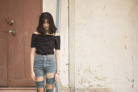 Portrait of vietnam high school teen beautiful girl happy in vintage styleの写真素材