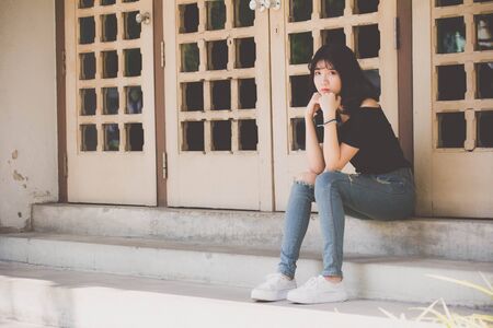 Portrait of vietnam high school teen beautiful girl happy in vintage styleの写真素材