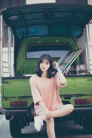 Portrait of vietnam high school teen beautiful girl happy in vintage styleの写真素材