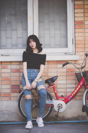 Portrait of vietnam high school teen beautiful girl happy in vintage styleの写真素材