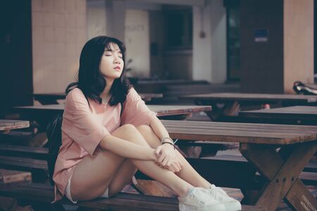 Portrait of vietnam high school teen beautiful girl happy in vintage styleの写真素材