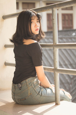 Portrait of vietnam high school teen beautiful girl happy in vintage styleの写真素材