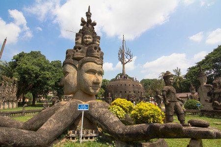 VIENTIANE, LAOS - April 29: Amazing view of mythology and religious statues at Wat Xieng Khuan Buddha park. April 29, 2017 in Vientiane, Laos.のeditorial素材