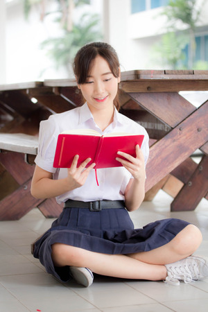 asia thai high school student uniform beautiful girl read a bookの写真素材