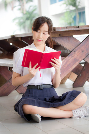 asia thai high school student uniform beautiful girl read a bookの写真素材