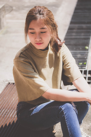 Portrait of thai china adult beautiful girl relax time, in Vintage Styleの写真素材