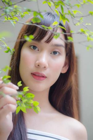 asia thai teen White t-shirt beautiful girl happy and relax