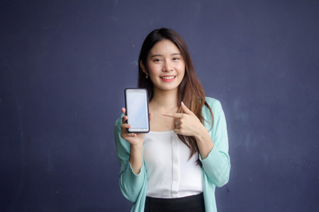thai china adult office girl white shirt show her smart phone