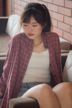 asia thai japanese teen White t-shirt beautiful girl happy and relax