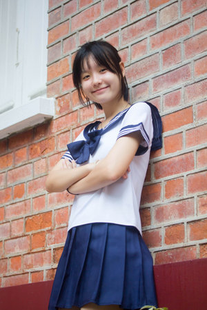 japanese teen beautiful girl in student smile and relaxの写真素材