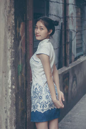 asia thai teen White dress beautiful girl smile and relaxの写真素材