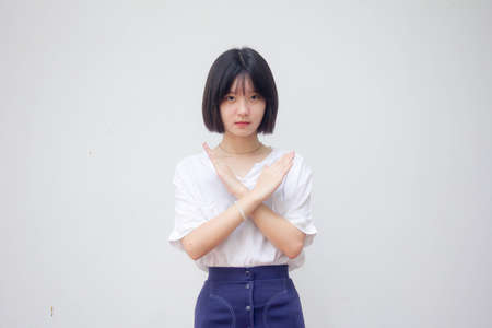 asia thai teen White t-shirt beautiful girl stopの写真素材