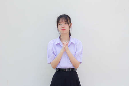 asia thai high school student uniform beautiful girl prayの写真素材