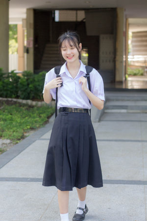 asia thai high school student uniform beautiful girl smile and relaxの写真素材