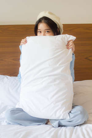 asia thai teen light blue t-shirt beautiful girl smile and relax
