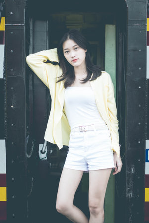 asia thai teen color t-shirt beautiful girl smile and relax, in Vintage Styleの写真素材