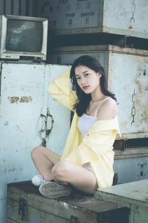 asia thai teen color t-shirt beautiful girl smile and relax, in Vintage Style