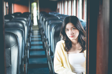 asia thai teen color t-shirt beautiful girl smile and relax, in Vintage Styleの写真素材