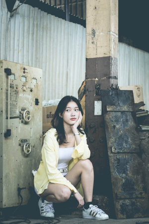 asia thai teen color t-shirt beautiful girl smile and relax, in Vintage Styleの写真素材