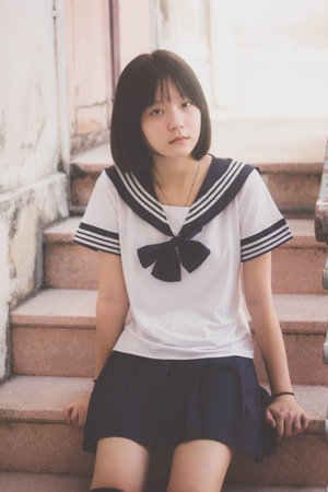 japanese teen beautiful girl in student smile and relaxの写真素材