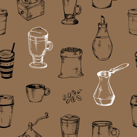 seamless coffee pattern.glass cups, mug, coffee grinder, coffee maker, coffee beans, milk jugのイラスト素材
