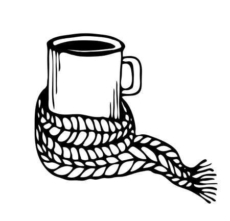 mug and knitted scarf single illustration isolated on a white background.Doodle Vector handmade theme cozy home, Scandinavian designのイラスト素材