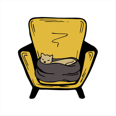 a cozy chair and a cat sleeping in a blanket single illustration isolated on a white backgrounad. Doodle Vector handmade theme cozy home, Scandinavian designのイラスト素材