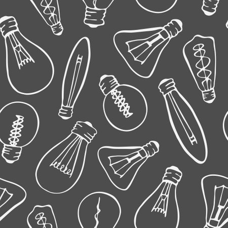 Doodle light bulbs seamless pattern, hand contour illustration line artのイラスト素材