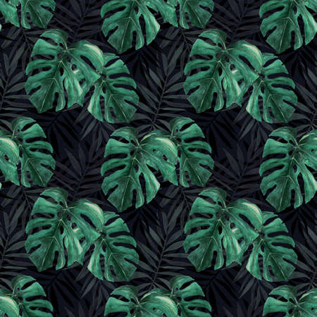 watercolor seamless pattern of tropical leaves. Monstera and palm hand drawn watercolor exotic backgroundの写真素材