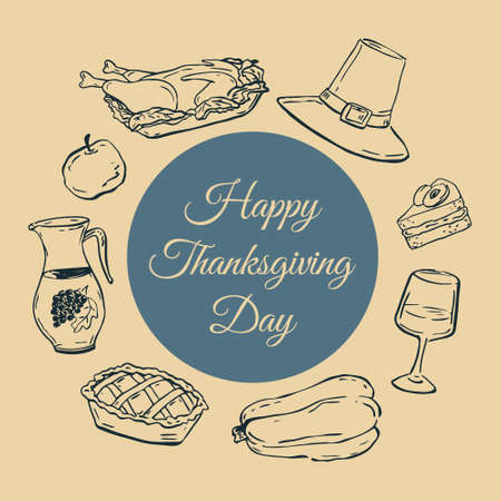 Happy Thanksgiving vector banner. Hand-drawn clipart for Thanksgiving Day.のイラスト素材