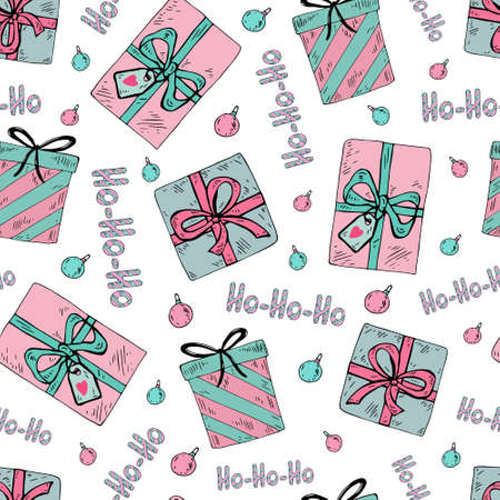 Christmas seamless pattern with gifts and the inscription ho-ho-ho. Handmade vector Christmas patternのイラスト素材