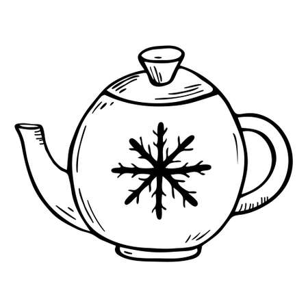 A single doodle clipart teapot. Hand-drawn vector contour illustration of a teapot with a Christmas print.のイラスト素材