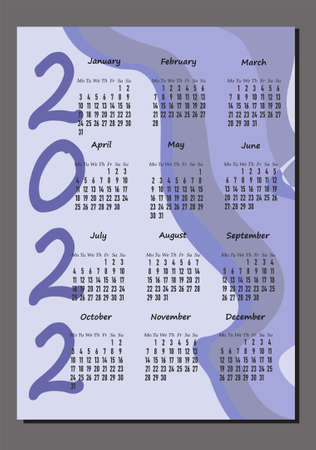 calendar 2022 in trending color, vertical calendar template very peri the color of the year, the week starts on Monday.のイラスト素材