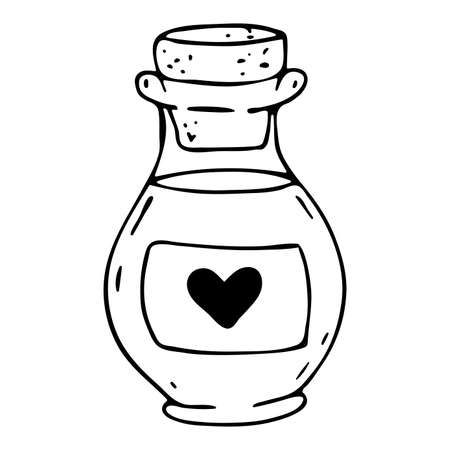 A love potion. Vector doodle illustration of a bottle with a love drink. Valentines Day Icon.のイラスト素材
