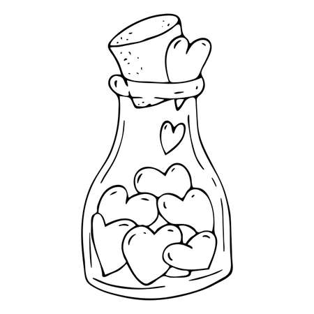 A love potion. Vector doodle illustration of a flask with hearts. Valentines Day Icon.のイラスト素材