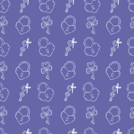 Locks and keys seamless pattern. Hand-drawn heart-shaped castles, vector doodle illustration, love theme. Valentines day.のイラスト素材