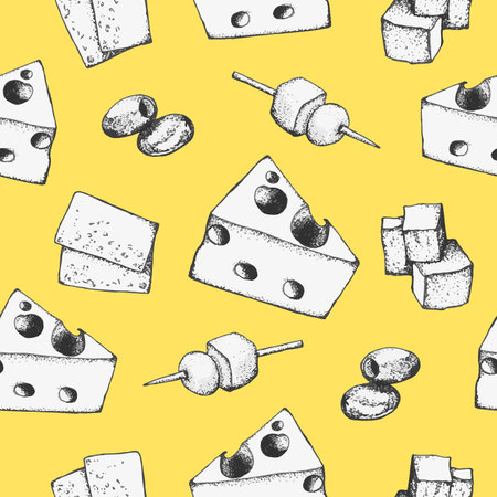 Cheese seamless pattern. Hand-drawn ink drawing, cheese slices. restaurant menu designのイラスト素材