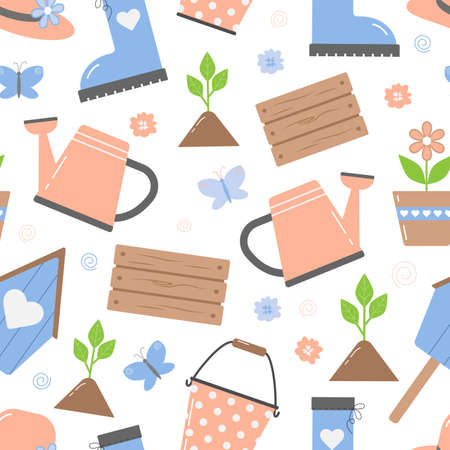 Garden seamless pattern. Garden tools,plants. Hand-drawn color vector