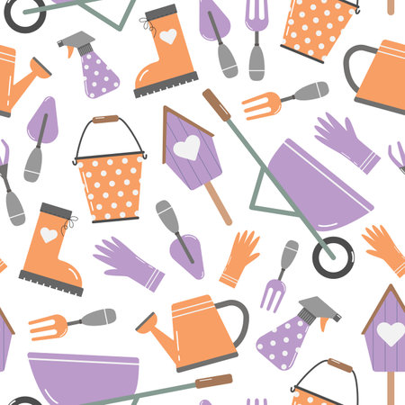 Garden seamless pattern. Garden tools,plants. Hand-drawn color vectorのイラスト素材