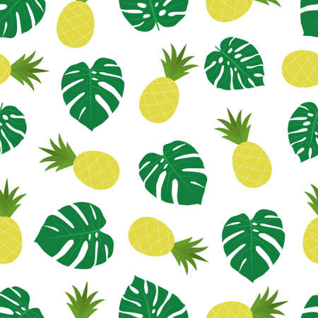 Monstera leaves and pineapples seamless pattern. Flat vector illustration, tropical summer pattern.のイラスト素材