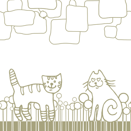 Hand drawn abstract line background with funny cats in love.のイラスト素材
