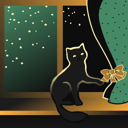 Black kitten sitting on a windowsill and plays a ton bow of curtains Vector illustrationのイラスト素材