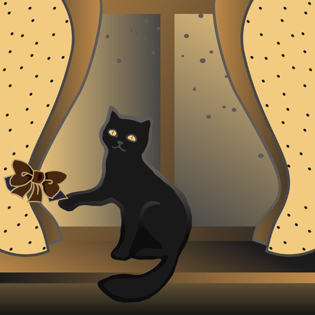 Cat sitting on a windowsill and plays a ton bow of curtains. のイラスト素材