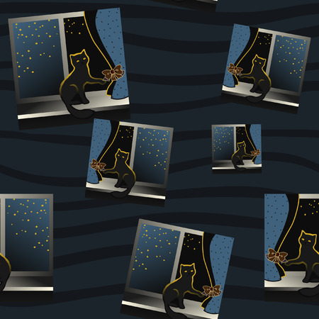 Cat sitting on a windowsill and plays a ton bow of curtains. Hand drawn seamless pattern.のイラスト素材