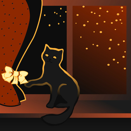 Cat sitting on a windowsill and plays a ton bow of curtains. のイラスト素材