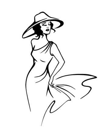 Silhouette of beautiful woman in hat in outline style vectorのイラスト素材