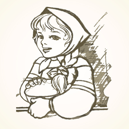 Hand drawn Russian girl in a sundress and a scarf on her head with a basket. Eps-8.のイラスト素材